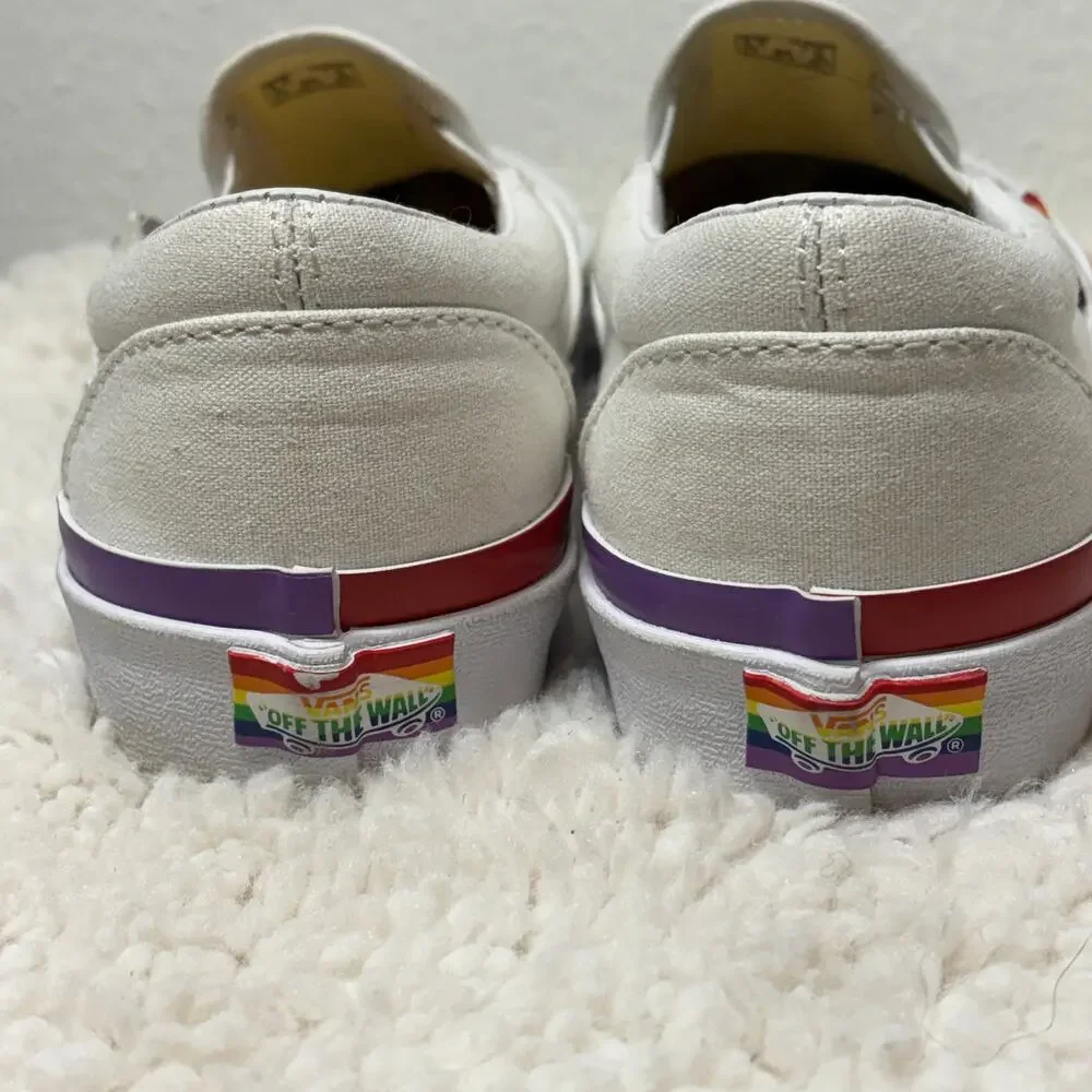 Vans Classic Slip On Shoes 5.5M 7W True White Rainbow Foxing Canvas Casual Skate